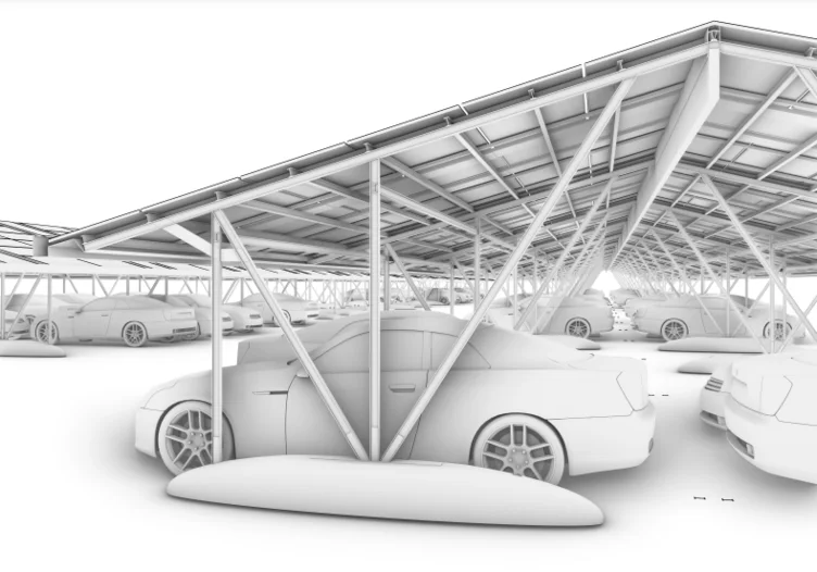 PV-Carport über einem Firmenparkplatz, Rendering