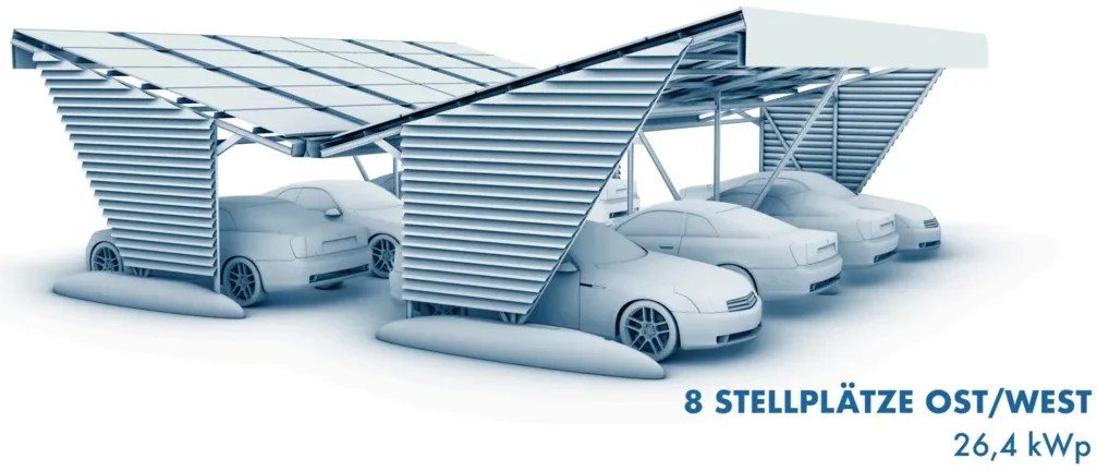 PV-Carport Ost/West mit 8 Stellplätzen, 26,4 kWp, Rendering