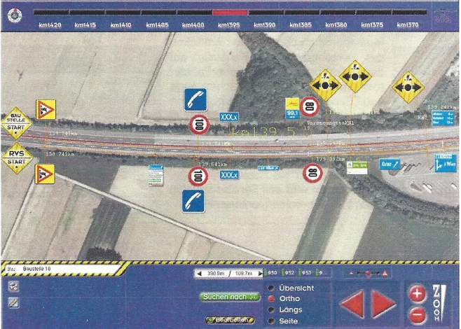 Autobahnabschnitt im Orthofoto mit Verkehrszeichen, Baustellenmarken und Kilometrierung